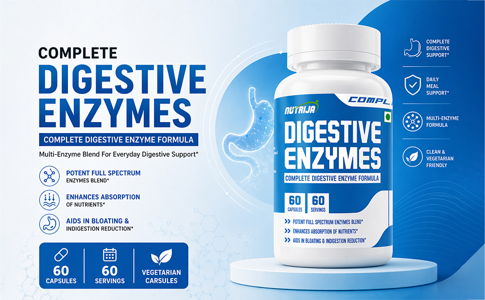 NutriJa Complete Digestive Enzymes | Full Spectrum Enzyme Blend with Protease, Amylase, Lipase, Papain, Betaine HCL & BioPerine | 60 Capsules