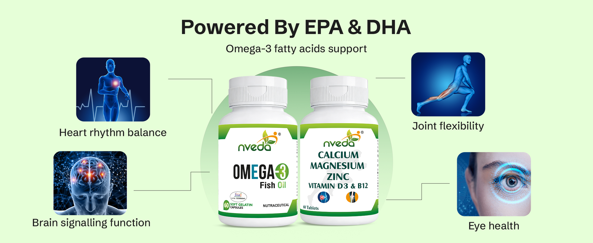Nveda Omega 3 Fish Oil & Calcium Combo for Men & Women with Omega 3, Calcium, Magnesium, Zinc, Vitamin D3 & Vitamin B12 for Heart, Brain & Bone Health, 60 Capsules + 60 Tablets