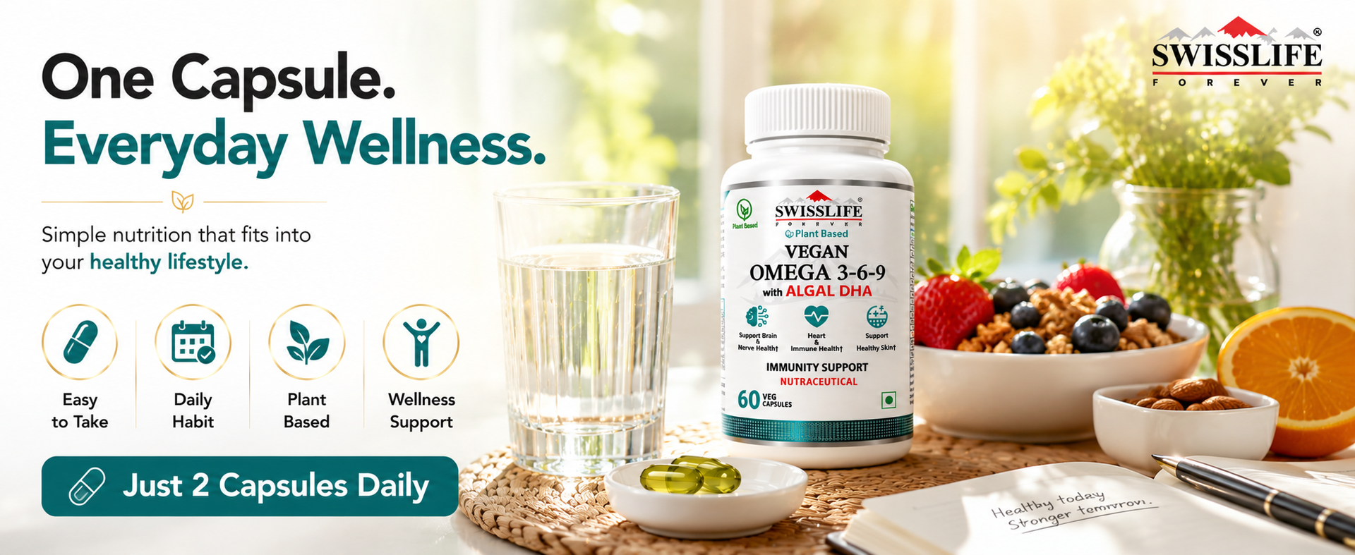 SwissLife Forever Plant Based Vegan Omega 3 6 9 with Algal DHA | Support Brain, Nerve, Heart & Immune Health | Healthy Skin for Men & Women (60 Capsules)
