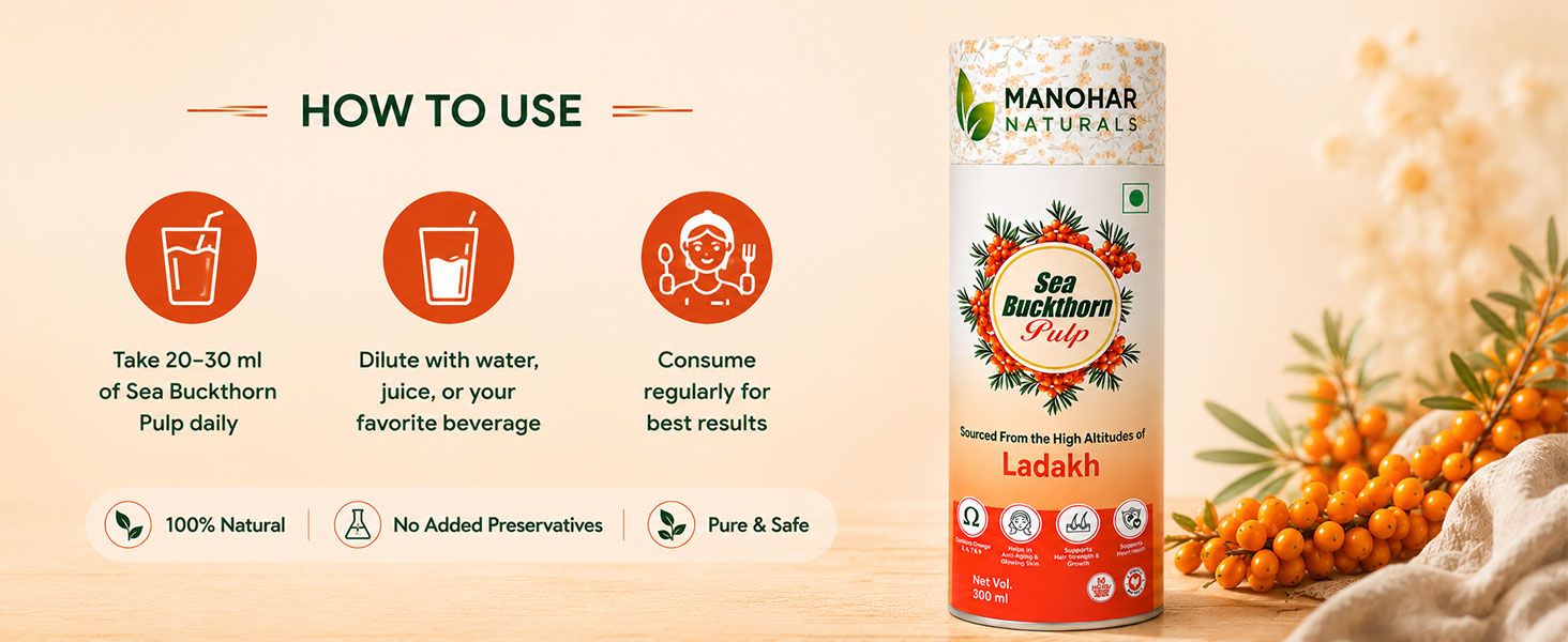 Sea Buckthorn Pulp 300ml | Sourced from High Altitudes of Ladakh | Rich in Omega 3, 6, 7 & 9 Helps to Immunity, Energy, Skin and Hair Health (300 ml)