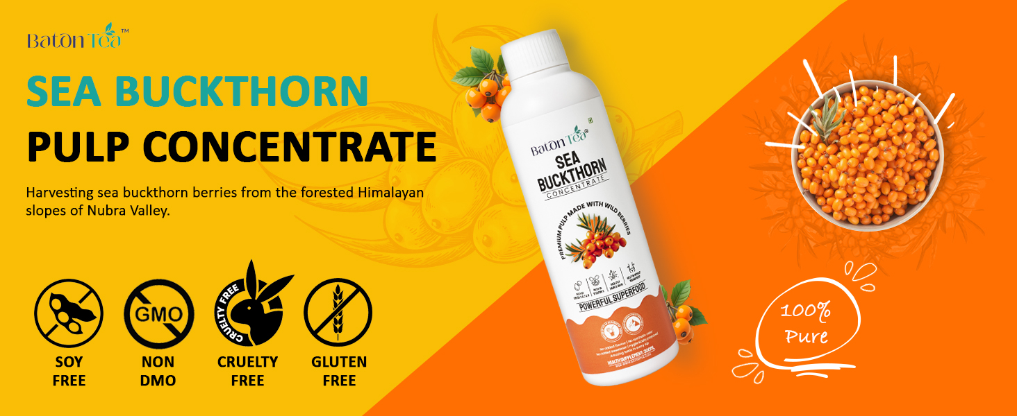 Baton Tea Himalayan Sea Buckthorn Pulp Juice 300ml | Cold-Pressed | Natural Vitamin C, Omega 3 6 7 9, Antioxidants | Immunity, Skin Glow & Gut Health Support | No Added Sugar | Lab Tested |Pack Of 1