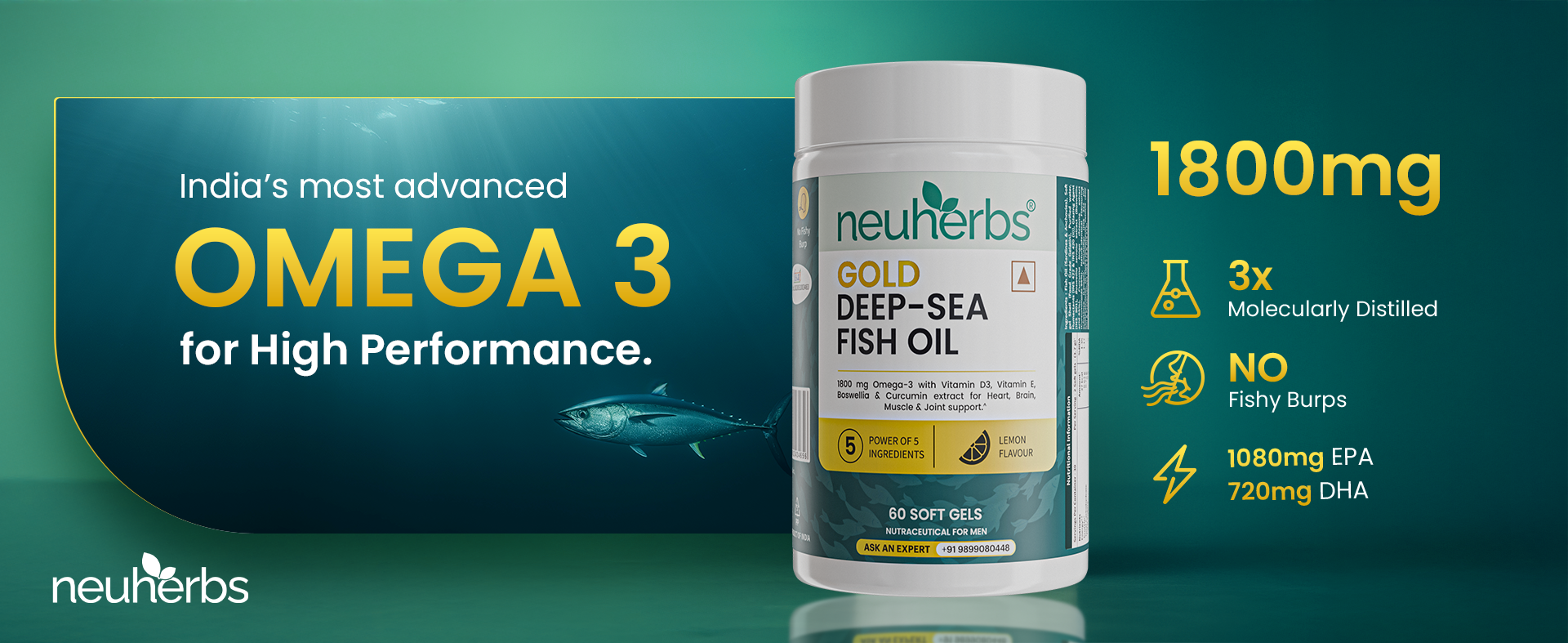 Neuherbs Gold Deep Sea 6X Omega 3 Fish Oil Capsules - 60 Softgels | EPA - 1080mg & DHA - 720mg | Vitamin E & D3 For Muscle, Brain & Joints Support | Lemon Flavour | No Fishy Burps|