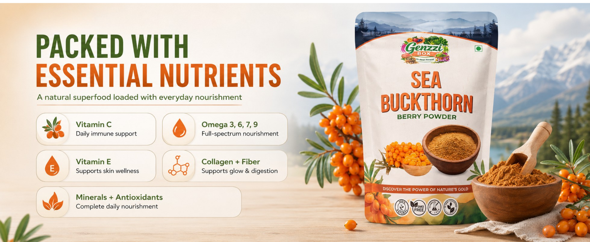 Genzzi Box Himalayan Sea Buckthorn Berries Powder | Rich in Omega 3, 6, 7, 9 | Collagen, Fiber, Vitamin C, Vitamin E | Dry Sea Buckthorn Berry Powder (200Gm)