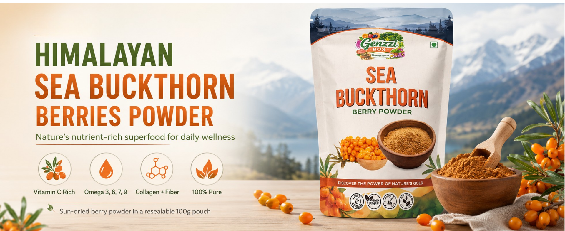 Genzzi Box Himalayan Sea Buckthorn Berries Powder | Rich in Omega 3, 6, 7, 9 | Collagen, Fiber, Vitamin C, Vitamin E | Dry Sea Buckthorn Berry Powder (200Gm)