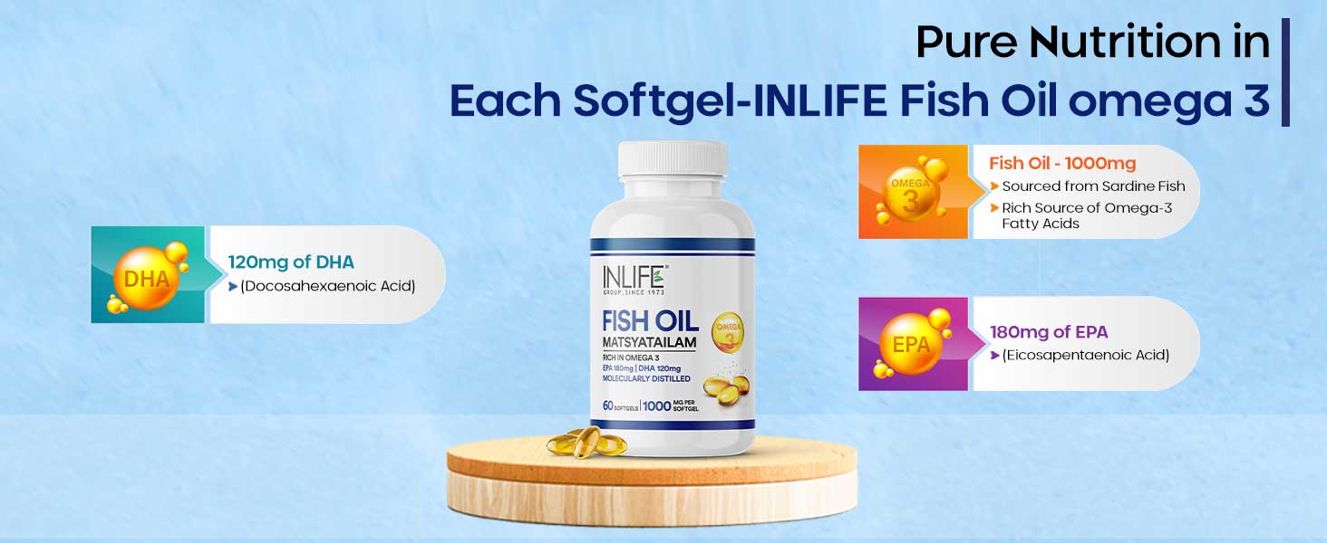 INLIFE Fish Oil Omega 3 Supplement 1000mg, EPA DHA, 60 Softgels