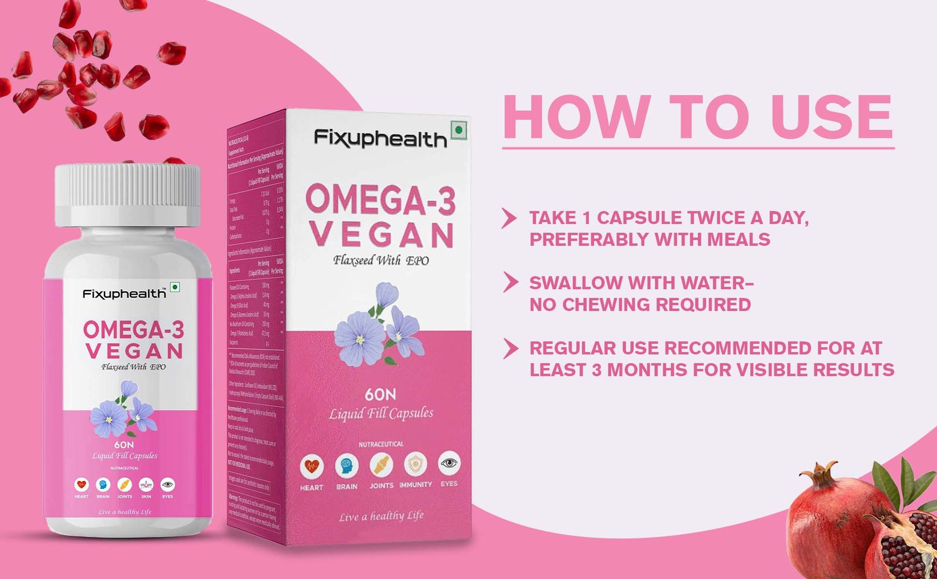 Fixuphealth Flaxseed Oil Omega 3 Vegetarian Capsules with Evening Primrose Oil | Vegan Omega 3 Supplement for Hair, Skin, Heart, Brain, Joint & Bone Health | 60 Liquid Filled Veg Capsules