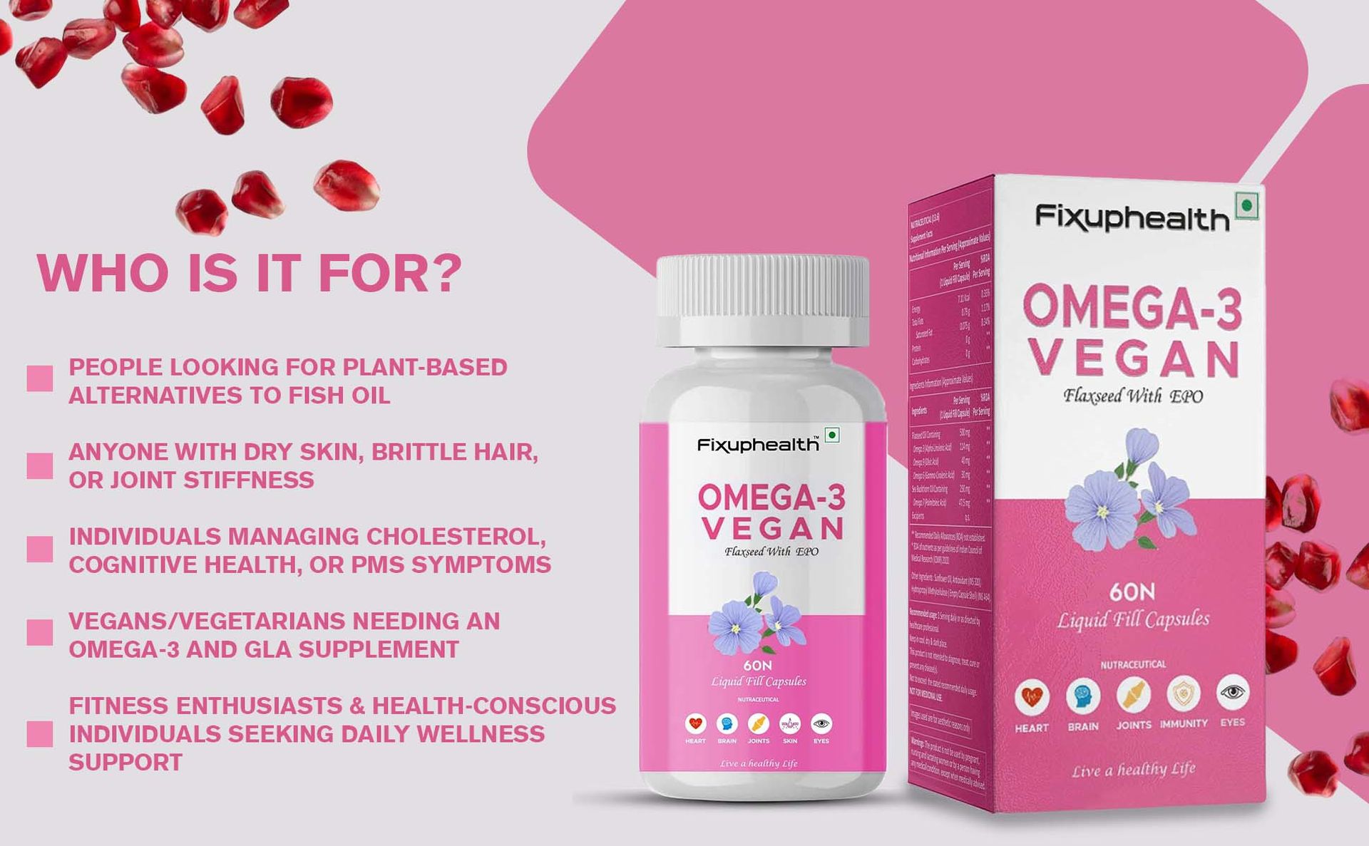 Fixuphealth Flaxseed Oil Omega 3 Vegetarian Capsules with Evening Primrose Oil | Vegan Omega 3 Supplement for Hair, Skin, Heart, Brain, Joint & Bone Health | 60 Liquid Filled Veg Capsules