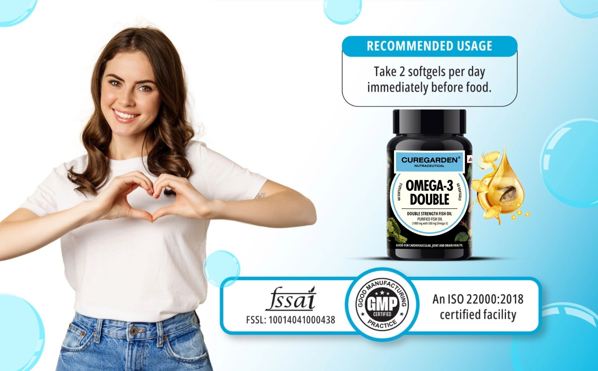 Curegarden Omega-3 Double Fish Oil Fatty Acids 1000mg Softgels, 60 Count