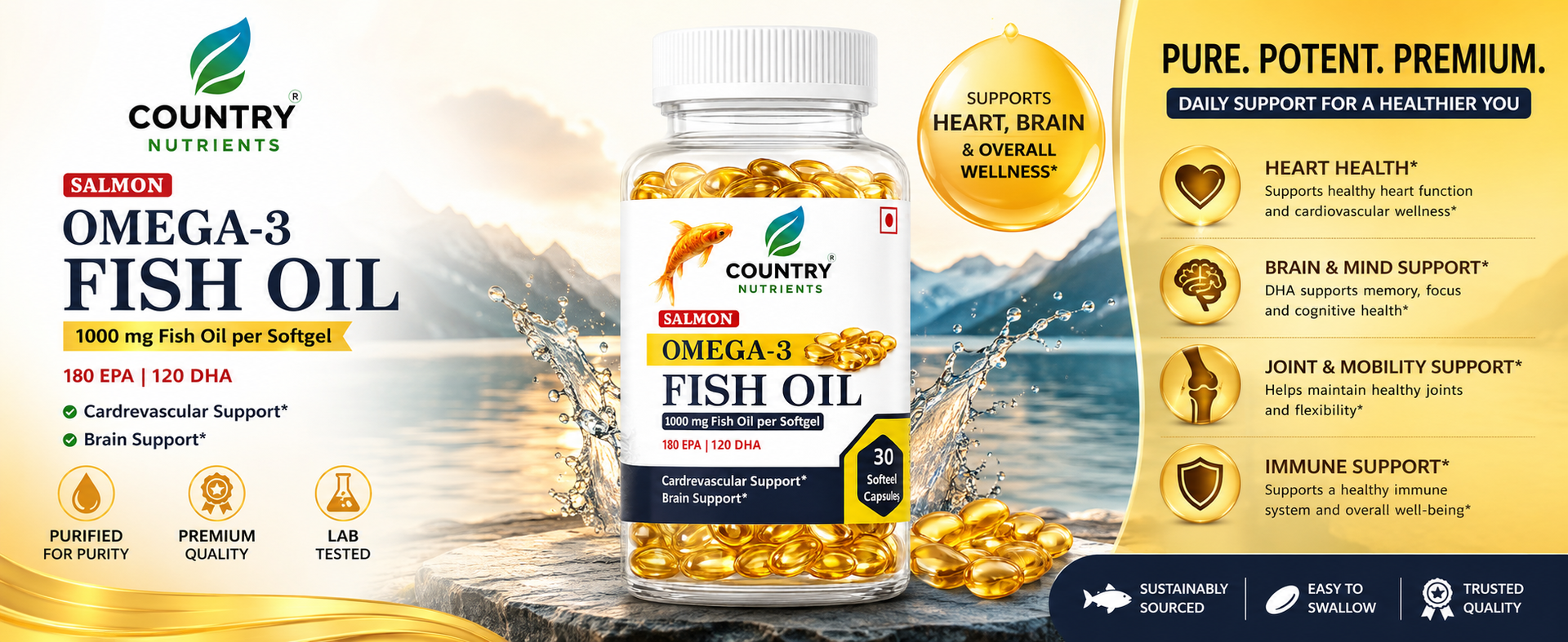 Country Nutriets Salmon omega 3 fish oil capsules 1000mg | fish oil supplement with EPA 180mg & DHA 120mg | omega 3 fatty acid capsules | 30 Capsules