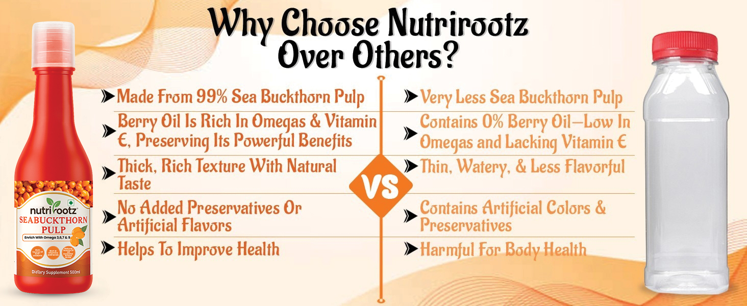 Nutrirootz Himalayan Sea Buckthorn Pulp | Natural Sea Buckthorn Juice Concentrate | Rich in Antioxidants & Vitamin C | No Added Sugar | 500 ml