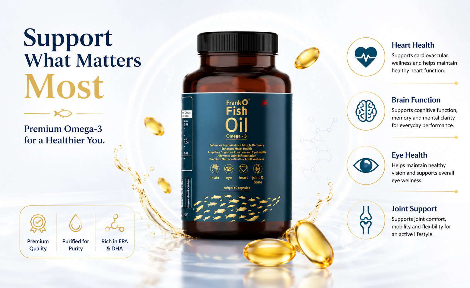 Frank O Fish Oil Omega-3 Softgel 60 Capsules | Rich in EPA & DHA | Supports Heart, Brain & Joint Health | Daily Omega 3 Supplement for Adults