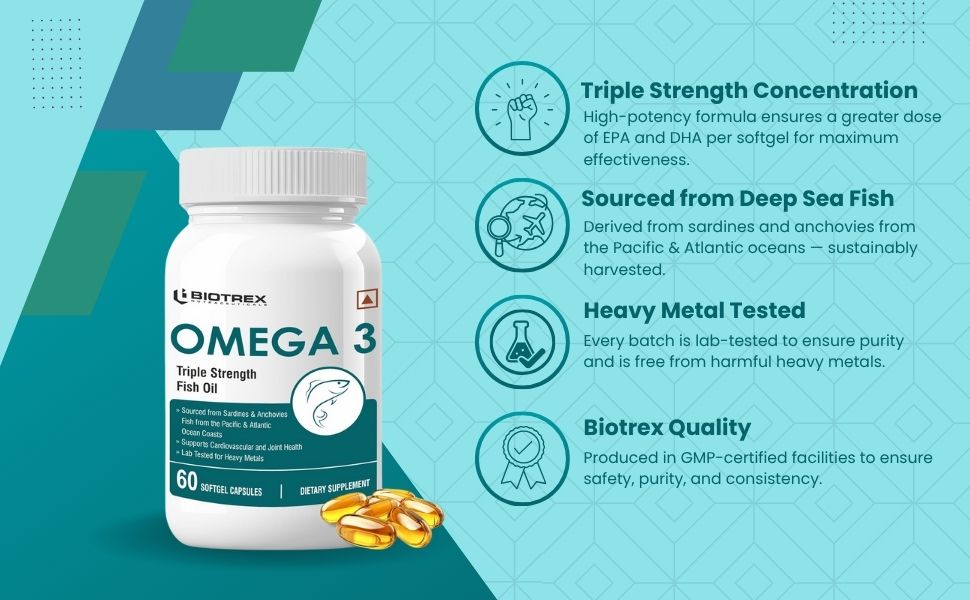 Biotrex Nutraceuticals Omega 3 Triple Strength Fish Oil Enriched With Salmon Fish Oil (Omega 3), EPA, DHA, Astaxanthin, Evening Primrose Oil - 60 Softgel Capsules
