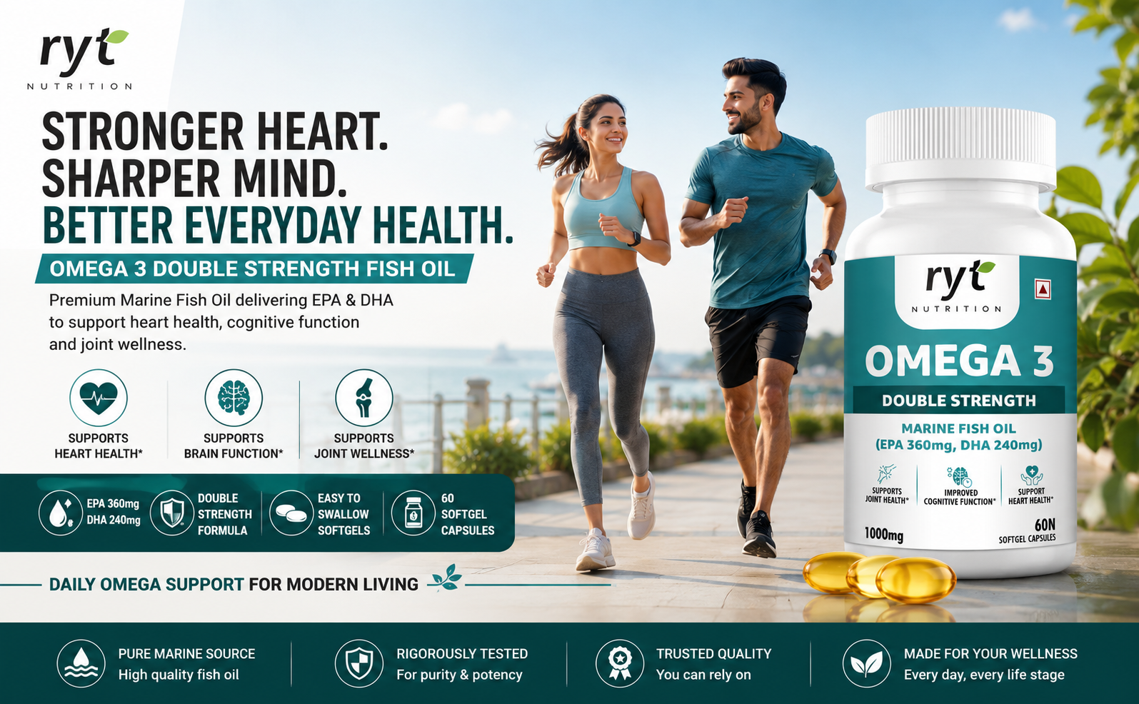 Omega-3 Double Strength Fish Oil 1000mg | 360mg EPA & 240mg DHA | Supports Heart, Brain, Eye & Joint Health | Helps Maintain Healthy Cholesterol & Triglycerides | 60 Softgel Capsules