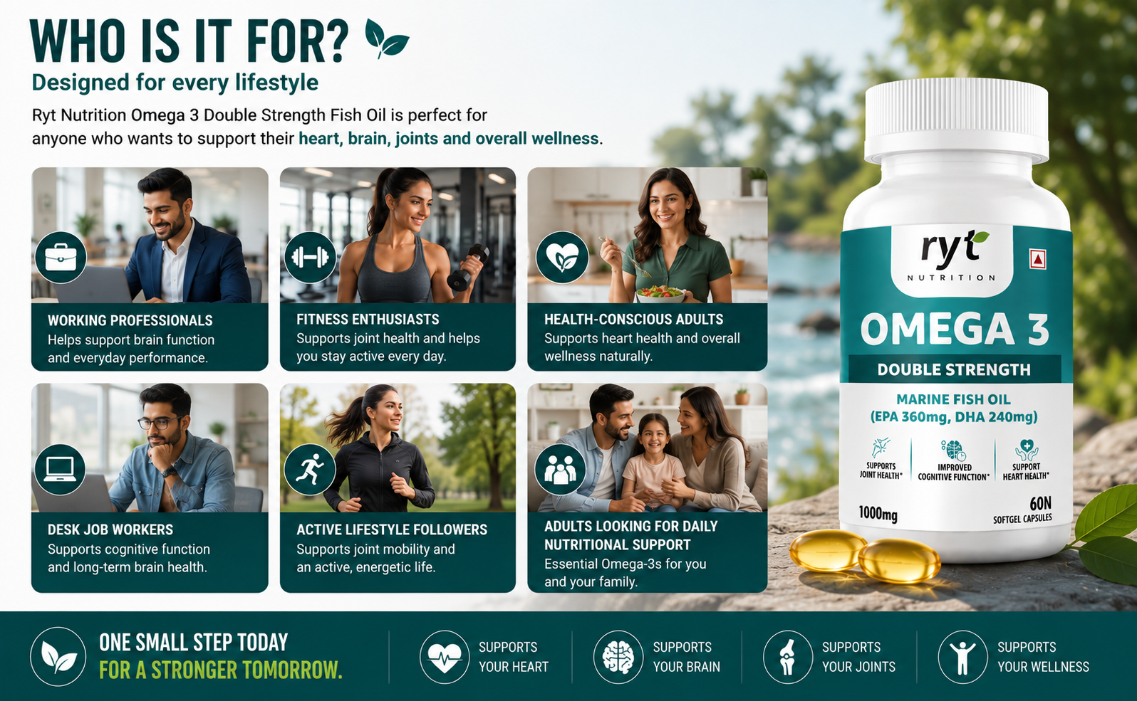 Omega-3 Double Strength Fish Oil 1000mg | 360mg EPA & 240mg DHA | Supports Heart, Brain, Eye & Joint Health | Helps Maintain Healthy Cholesterol & Triglycerides | 60 Softgel Capsules