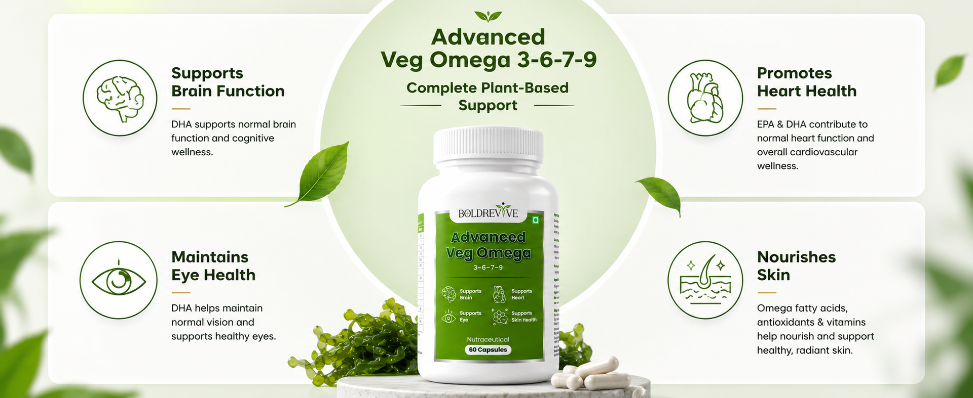 Vegan Omega 3 6 9 Capsules with Algal DHA EPA, Evening Primrose, Sea Buckthorn & Vitamin D3 – 60 Veg Capsules for Men & Women