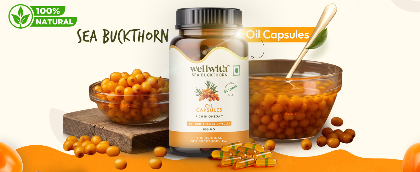 Ayuzera Wellwith by Sea Buckthorn Berry Oil Omega 7,120 Veg HPMC Capsules,60-Day Supply| Sea buckthorn capsules rich In Omega 3,6 & 9 For Muscle,Bone,Heart & Skin| Dietary Supplements,500 Mg Each, 1 Count