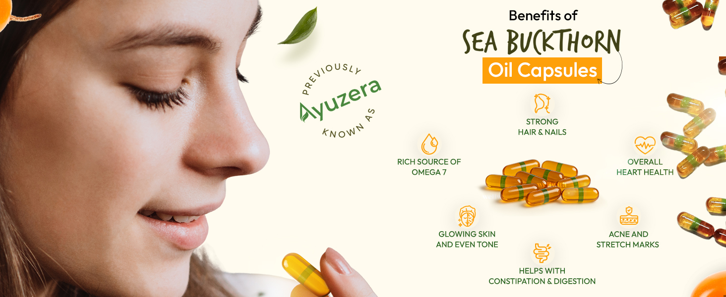 Ayuzera Wellwith by Sea Buckthorn Berry Oil Omega 7,120 Veg HPMC Capsules,60-Day Supply| Sea buckthorn capsules rich In Omega 3,6 & 9 For Muscle,Bone,Heart & Skin| Dietary Supplements,500 Mg Each, 1 Count