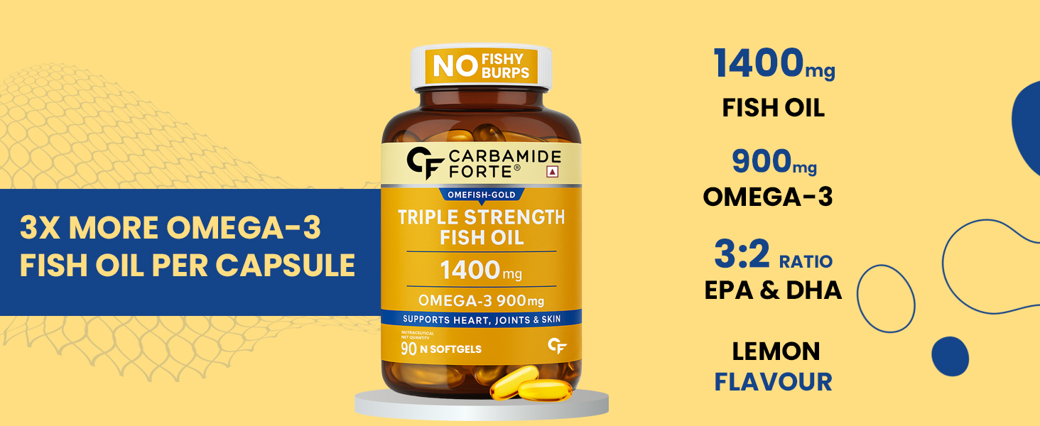 Carbamide Forte Triple Strength Omega 3 Fish Oil Capsule with 495 mg EPA & 330 mg DHA | 60 Softgel Capsules | Supports Heart, Joints and Skin (Pack of 3)