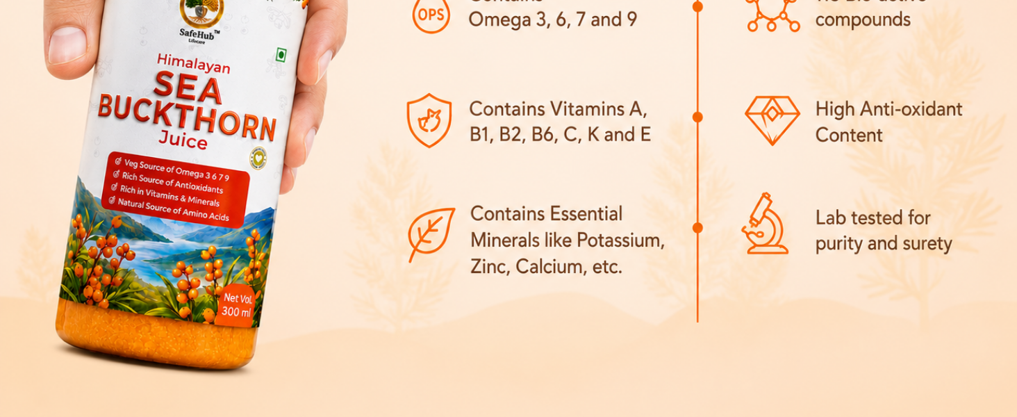 Safehub Himalayan Sea Buckthorn Pulp 300ml | Cold-Pressed Fruit Pulp | Naturally Rich in Vitamin C & Omega 3, 6, 7, 9 | Daily Wellness & Nutrition Drink