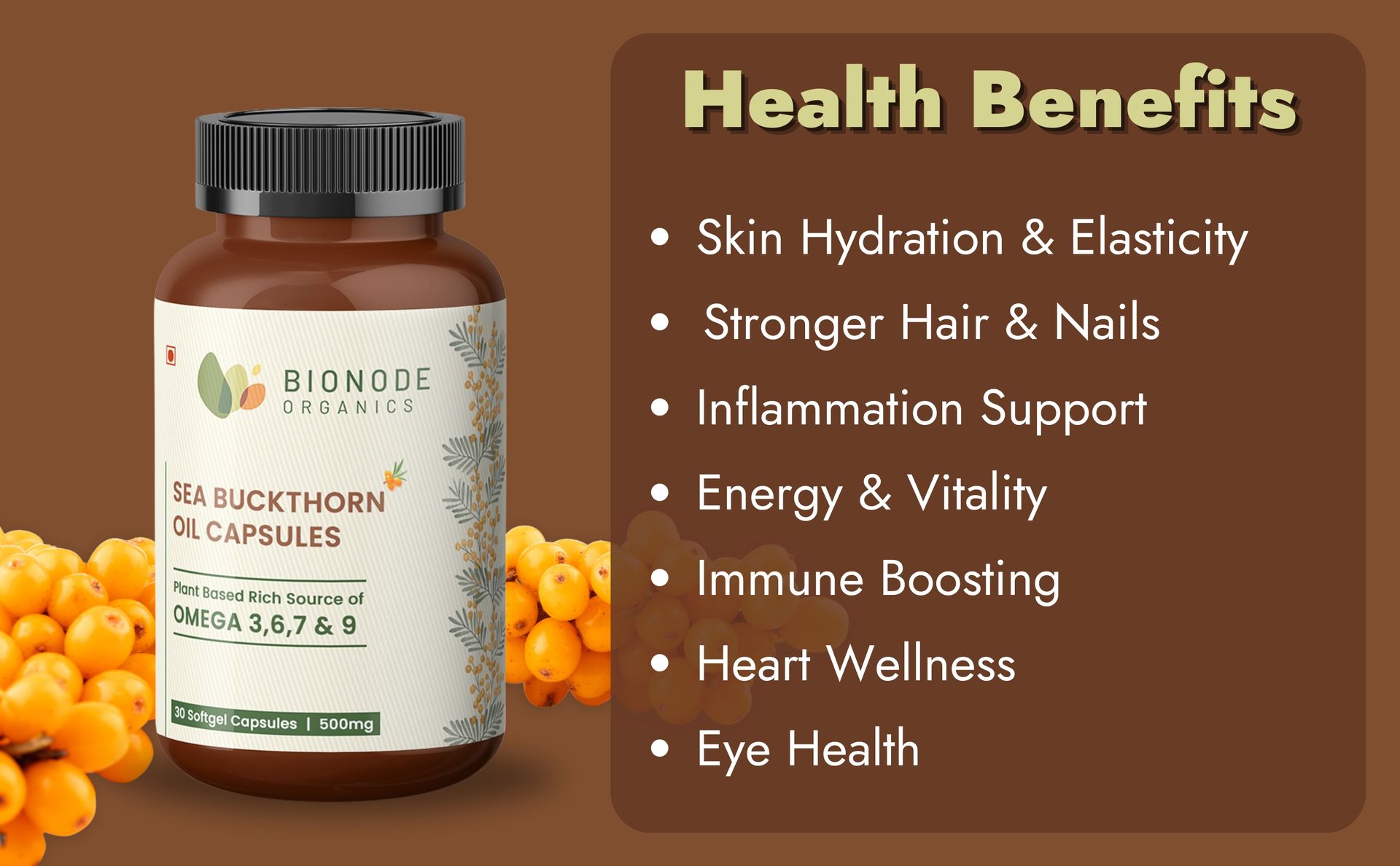 Sea Buckthorn Oil Capsules, 500mg, Plant Based Omega 3 6 7 9, 30 Softgels