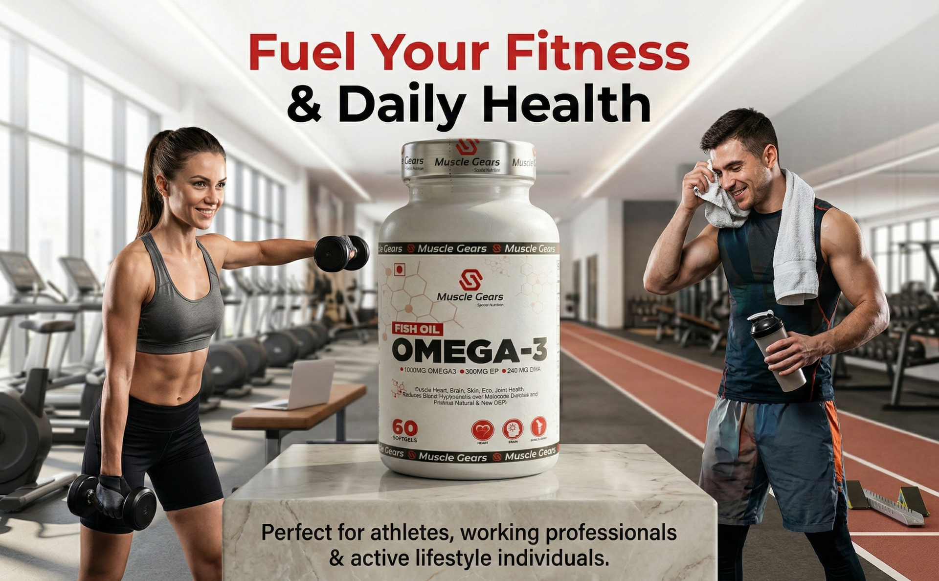 Muscle Gears Omega-3 Fish Oil 1000mg | 360mg EPA & 240mg DHA | Heart, Brain, Eye, Skin & Joint Health | Molecularly Distilled | Non-GMO | For Men & Women | 60 Softgels
