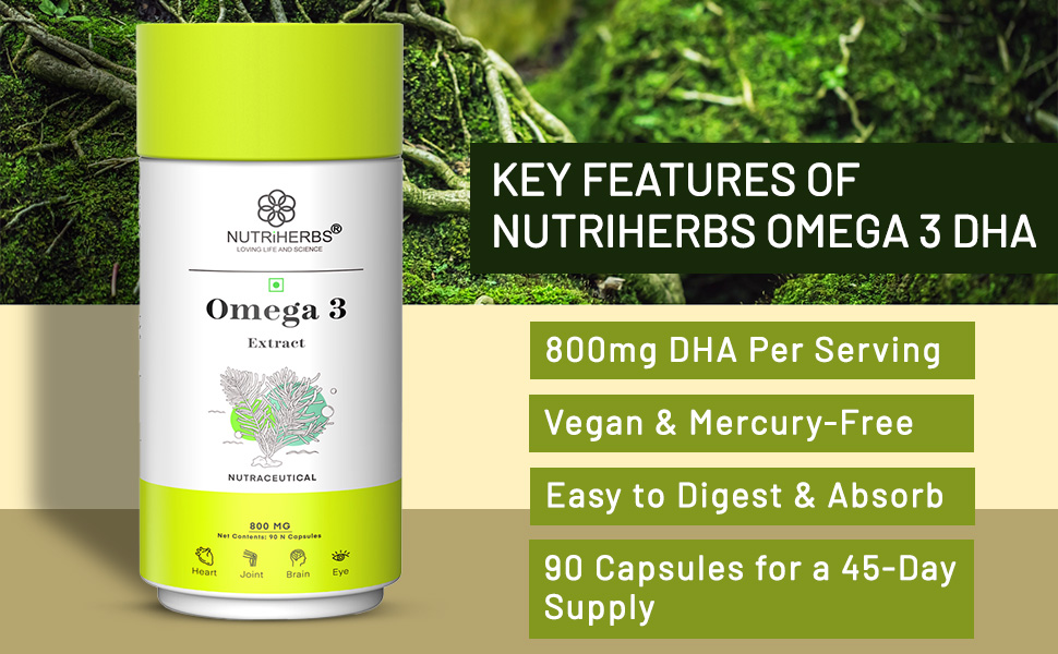 NUTRiHERBS Omega 3 800mg Capsules | Plant-Based DHA & EPA Supplement for Heart, Joint, Eye Health | Omega 3 Fatty Acids for Brain Support, Skin Wellness | for Men & Women (30 Capsules)