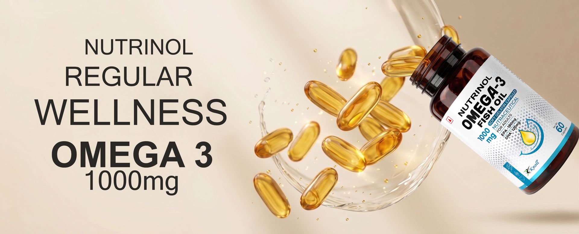 Knoll Nutrinol Fish Oil Omega 3 Capsules 1000mg | EPA & DHA Softgels for Heart, Brain, Bones & Joint Support | Daily Omega 3 Supplement for Men & Women | 60 Capsules (Pack of 1)