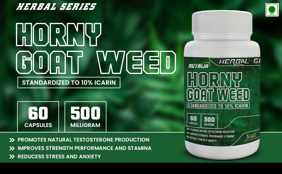 NutriJa Horny Goat Weed Extract 500mg - 60 Veg Capsules | Standardized to 10% Icariin | Supports Natural Vitality, Strength & Stamina | High Potency Herbal Supplement