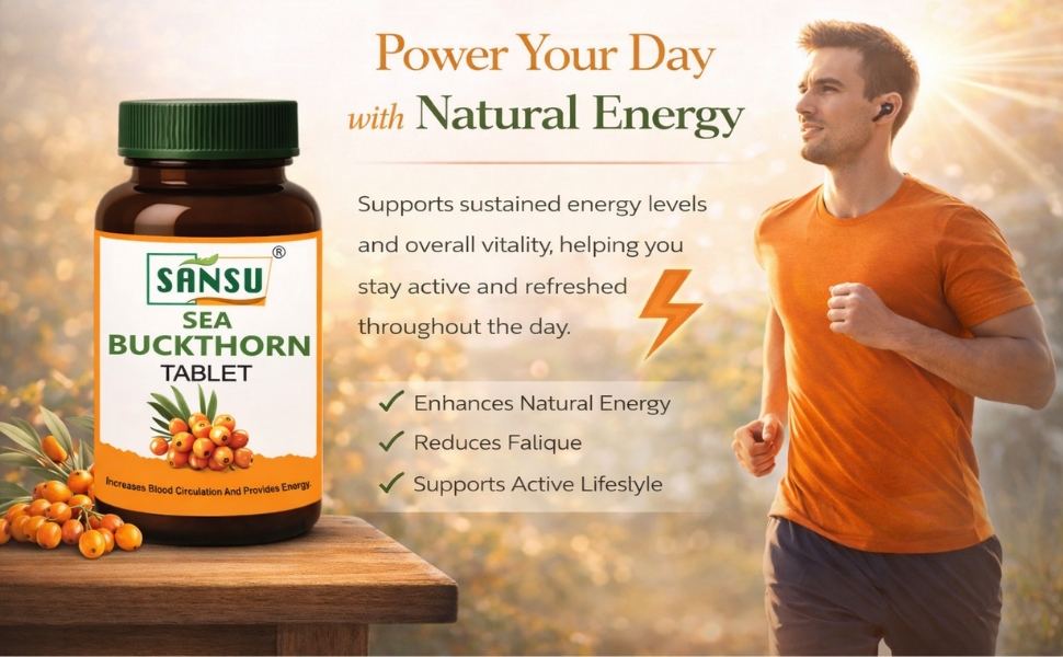 Sansu Sea Buckthorn Tablet for Energy, Circulation & Immunity Support, Antioxidant Rich Dietary Supplement for Skin Protection & Daily Wellness – 60 Capsules Pack