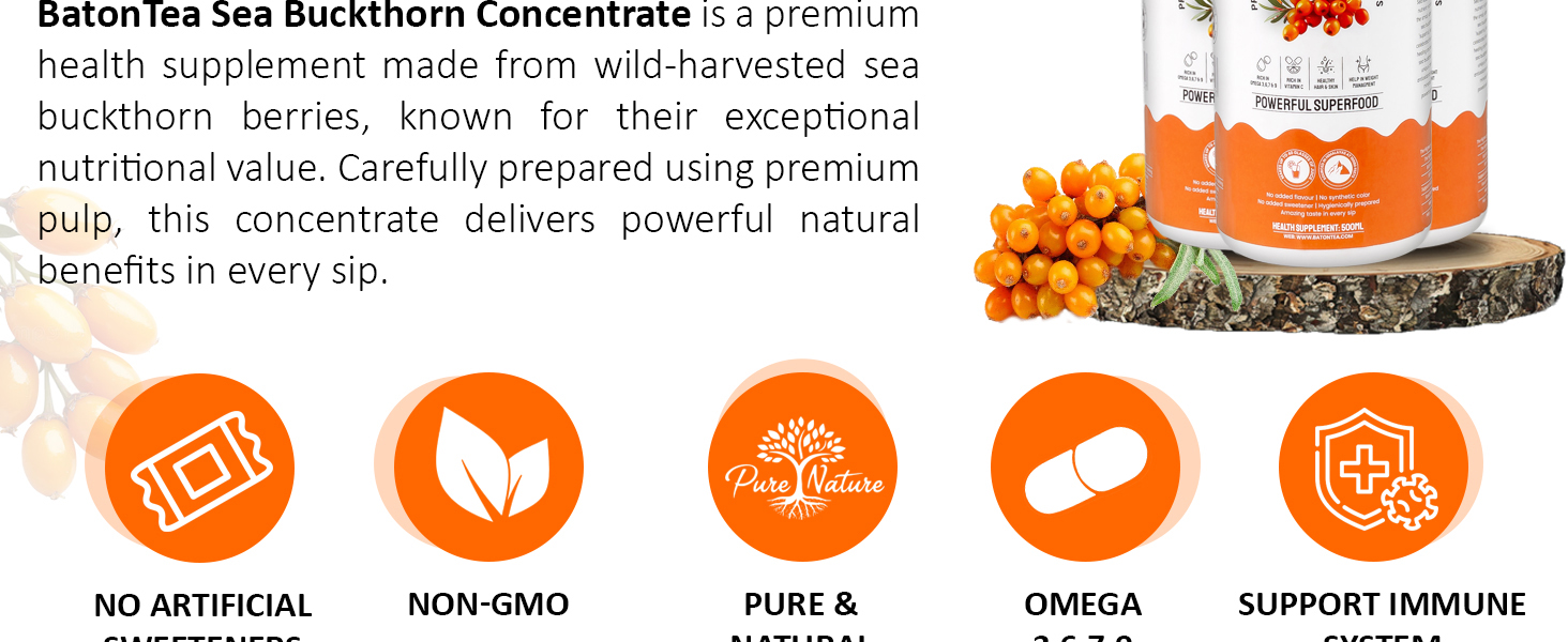 Baton Tea Himalayan Sea Buckthorn Pulp Juice 500ml | Cold-Pressed | Natural Vitamin C, Omega 3 6 7 9, Antioxidants | Immunity, Skin Glow & Gut Health Support | No Added Sugar | Lab Tested |Pack Of 1