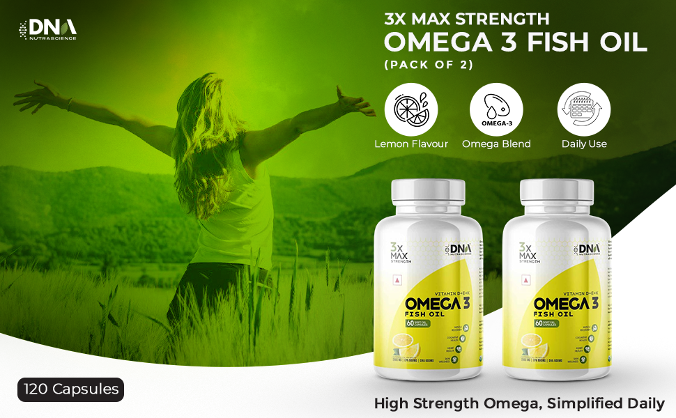3X Max Strength Omega 3 Fish Oil 2500 mg with EPA 900 mg & DHA 600 mg, Vitamins D E K, Lemon Flavour, 120 Softgels (Pack of 2)
