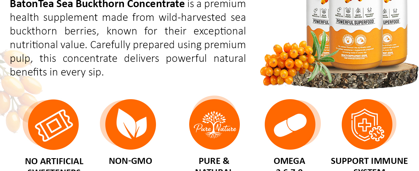 Baton Tea Himalayan Sea Buckthorn Pulp Juice 100ml | Cold-Pressed | Natural Vitamin C, Omega 3 6 7 9, Antioxidants | Immunity, Skin Glow & Gut Health Support | No Added Sugar | Lab Tested |Pack Of 1