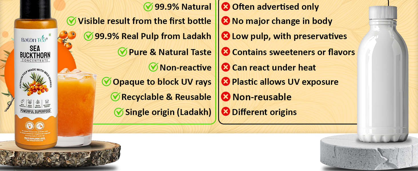 Baton Tea Himalayan Sea Buckthorn Pulp Juice 100ml | Cold-Pressed | Natural Vitamin C, Omega 3 6 7 9, Antioxidants | Immunity, Skin Glow & Gut Health Support | No Added Sugar | Lab Tested |Pack Of 1