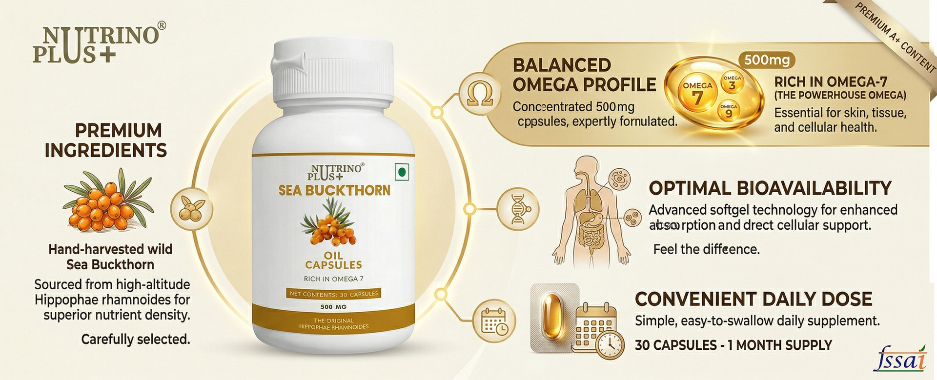 Sea Buckthorn Oil Capsules 500mg | Immunity Booster with Omega 7, Vitamin C & Carotenoids | Hippophae Rhamnoides Extract | Natural Anti-Oxidant & Anti-Inflammatory Supplement | 30 Caps