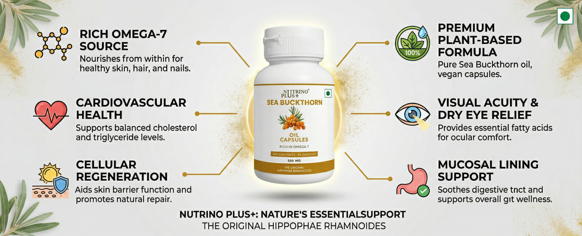 Sea Buckthorn Oil Capsules 500mg | Immunity Booster with Omega 7, Vitamin C & Carotenoids | Hippophae Rhamnoides Extract | Natural Anti-Oxidant & Anti-Inflammatory Supplement | 30 Caps