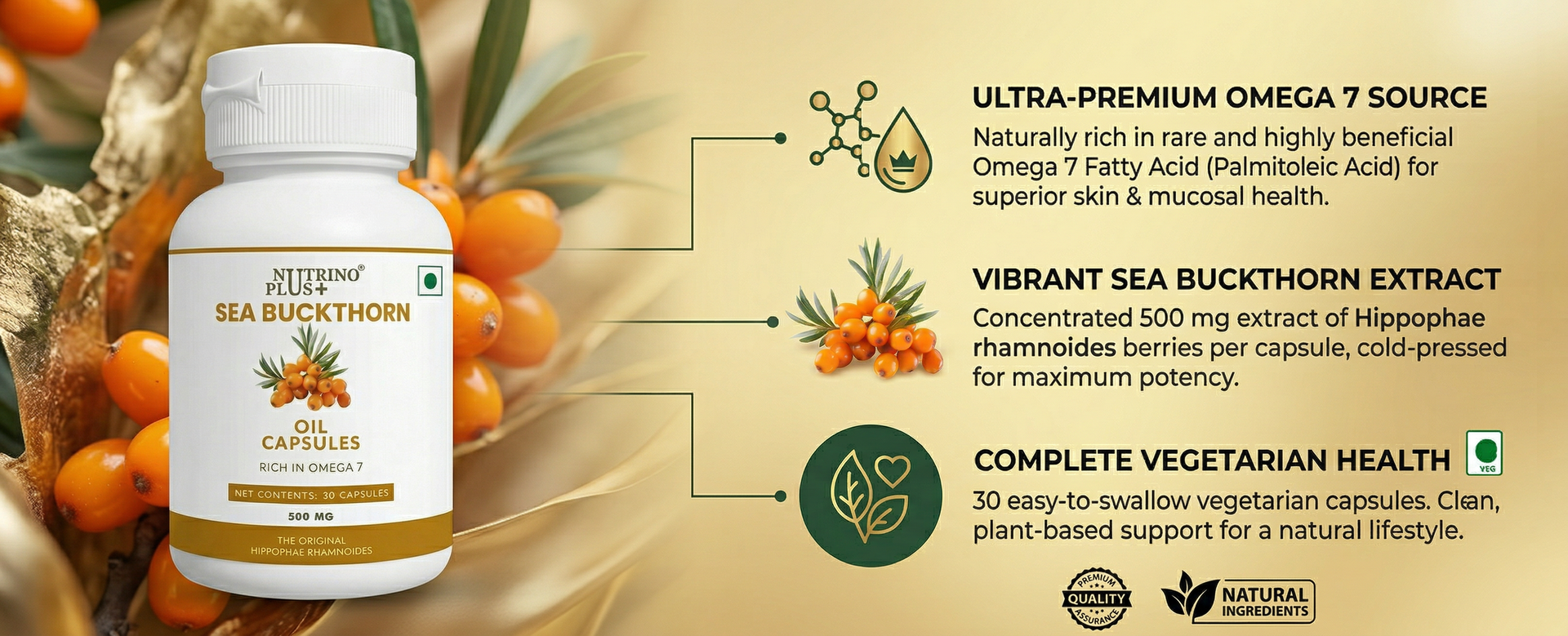 Sea Buckthorn Oil Capsules 500mg | Immunity Booster with Omega 7, Vitamin C & Carotenoids | Hippophae Rhamnoides Extract | Natural Anti-Oxidant & Anti-Inflammatory Supplement | 30 Caps