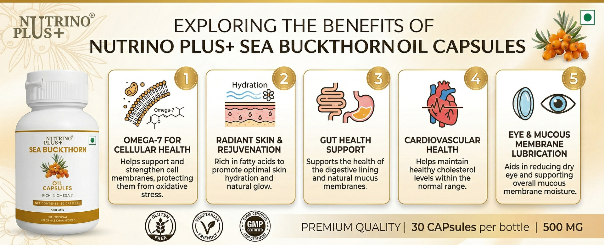 Sea Buckthorn Oil Capsules 500mg | Immunity Booster with Omega 7, Vitamin C & Carotenoids | Hippophae Rhamnoides Extract | Natural Anti-Oxidant & Anti-Inflammatory Supplement | 30 Caps