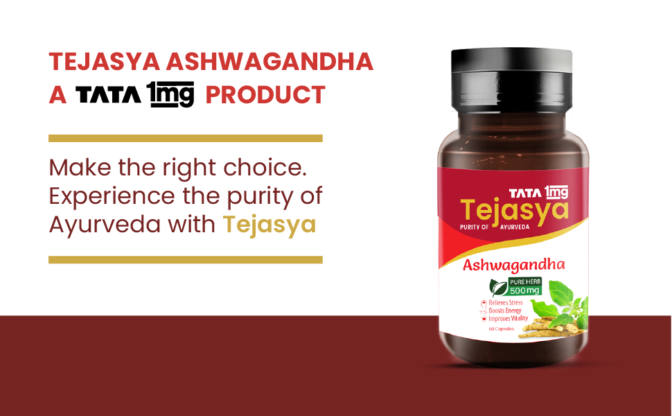 Tata 1mg Tejasya Ashwagandha Capsule 500mg, Supports Strength & Stamina, 500mg, Pack of 60 Capsules