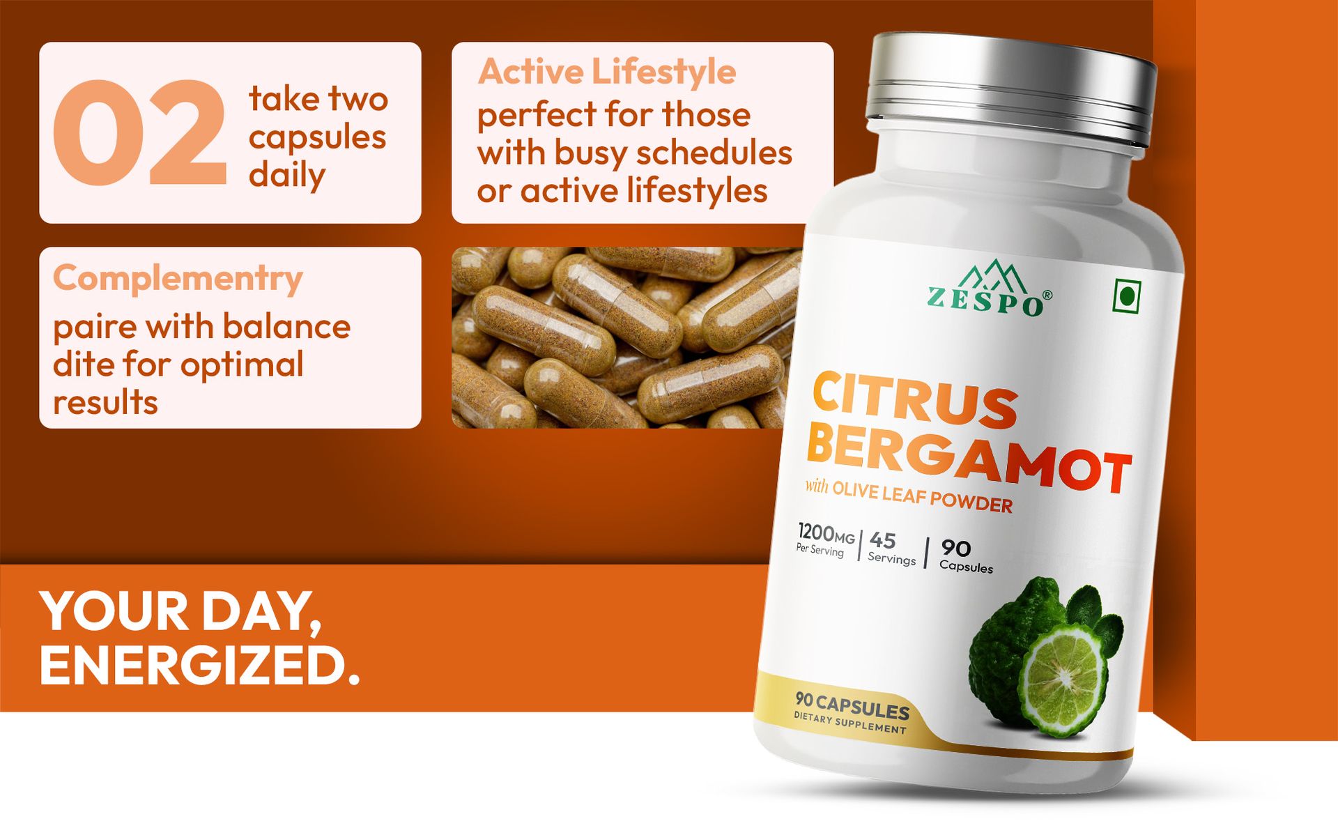 Zespo Citrus Bergamot Supplement 1200mg with Olive Leaf, 90 Veg Capsules