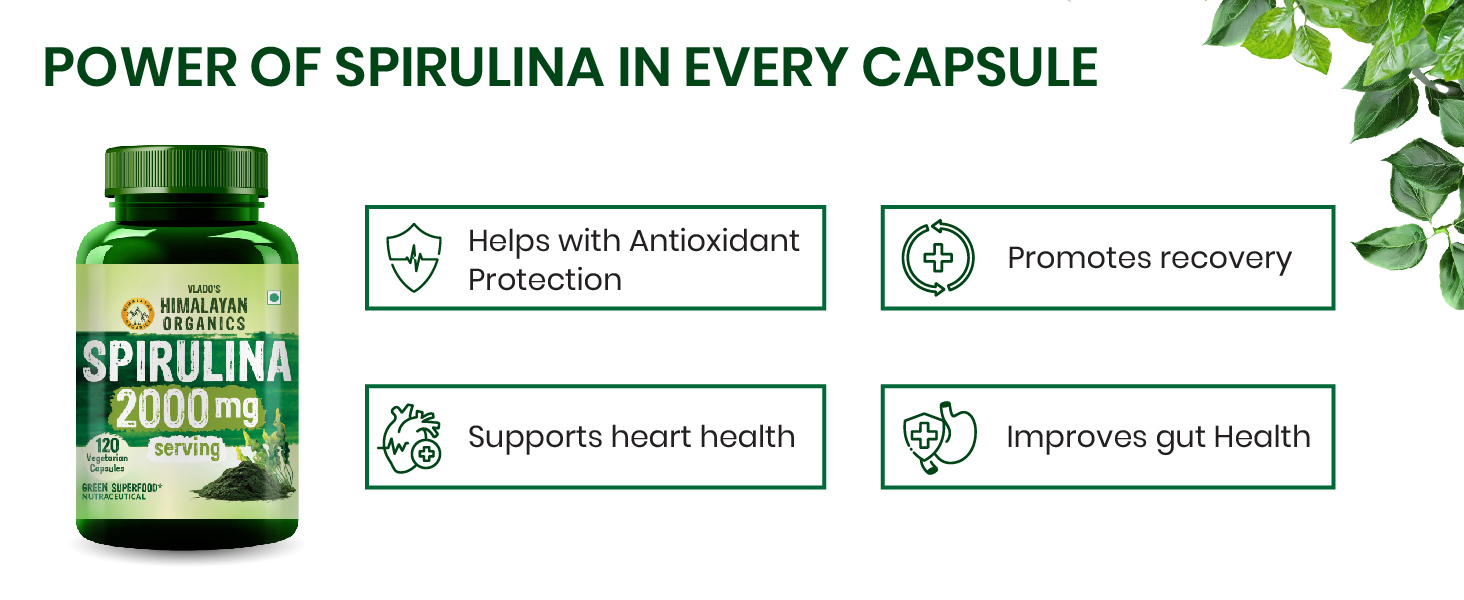Vlado's Himalayan Organics 100% Spirulina Capsules - 2000mg - Supports Energy, Immunity & Detox - Certified I Green Superfood I Natural Sources Spirulina - 120 Veg capsules