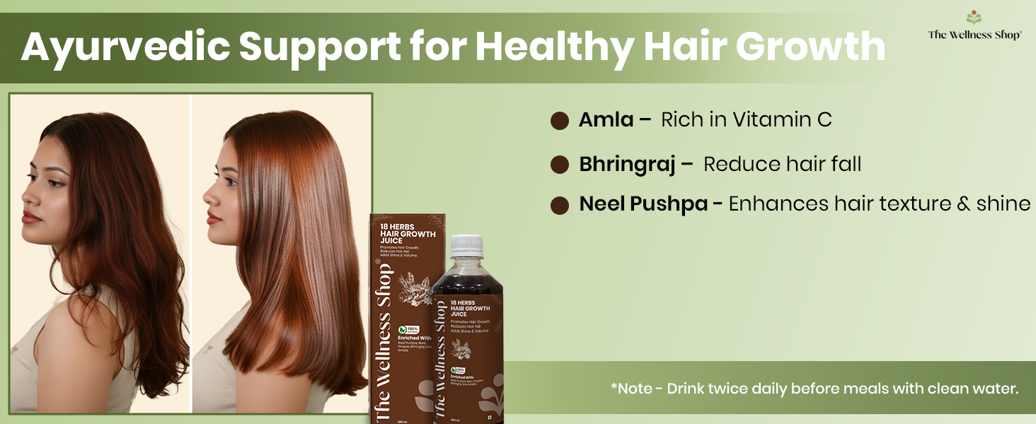 The Wellness Shop 18 Herbs Hair Growth Juice 500ml | Ayurvedic Herbal Drink with Bhringraj Amla Noni Vitamin C | Helps Hair Fall Control, Supports Strong Roots | Natural Scalp Care Pack for Women Men
