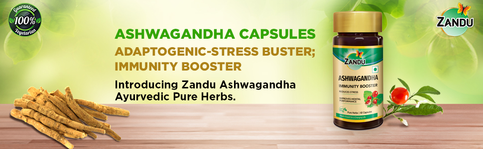 Zandu Ashwagandha 60 Veg Caps | 100% Pure Ashwagandha Root Extract | Scientifically Proven for Stress Relief With 5X Withanolide*| Boosts Immunity & Stamina | Rejuvenates Mind & Body| No Preservatives