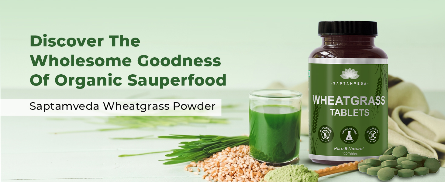 SAPTAMVEDA Organic Wheat Grass Tablets (120 Tablets, 500mg) - Natural Antioxidant Superfood, Supports Healthy Joints, Immunity Booster, Non-GMO, Vegan