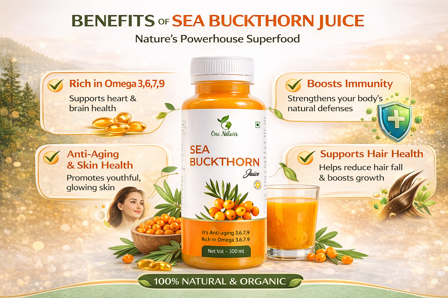 One Naturr - Sea Buckthorn Juice, Himalayan Berry Juice - 300ml, Anti-aging, Rich in Omega 3 6 7 9, Orange, Liquid Form, Gluten Free (Pack of 2, 300ml each)