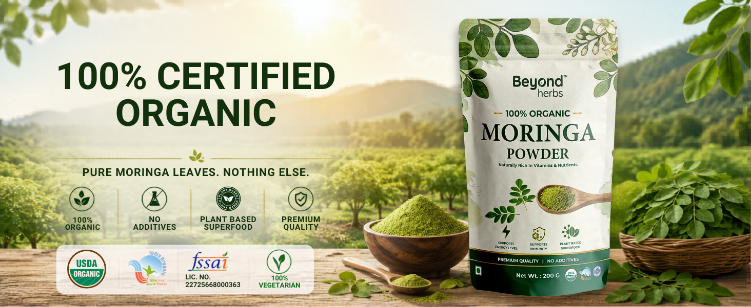 100% Certified Organic Moringa Powder - Moringa Oleifera - USDA Certified | Moringa Leaves Powder | Pure Drumstick Leaves Powder | Moringa Powder Organic | Vegan Superfood - 200g