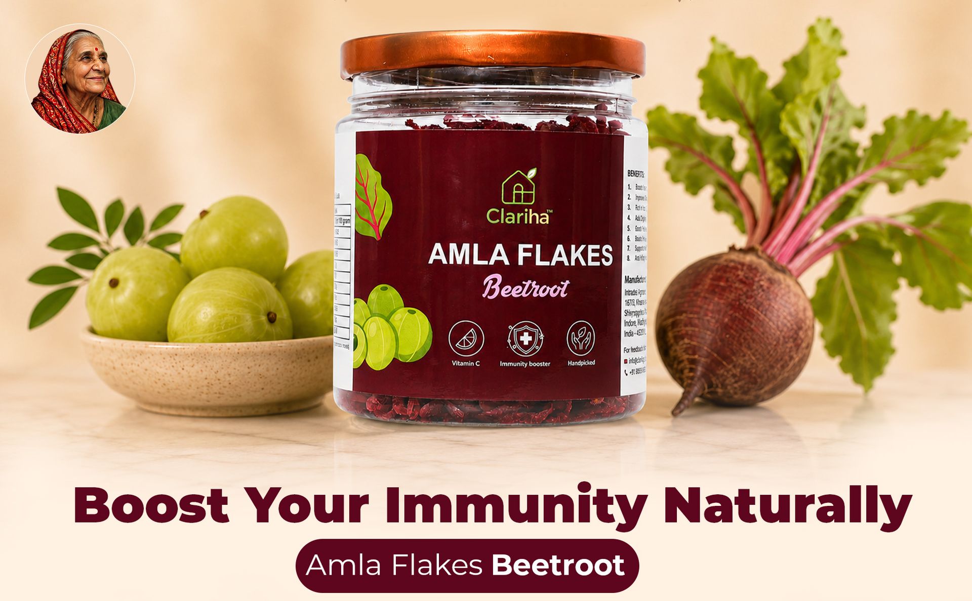CLARIHA Beetroot Amla Flakes 100g | Beetroot Flavoured Amla Candy & Mukwas | Ready to Eat Indian Gooseberry Snack | Rich in Vitamin C & Dietary Fibre | No Preservatives | Supports Healthy Digestion