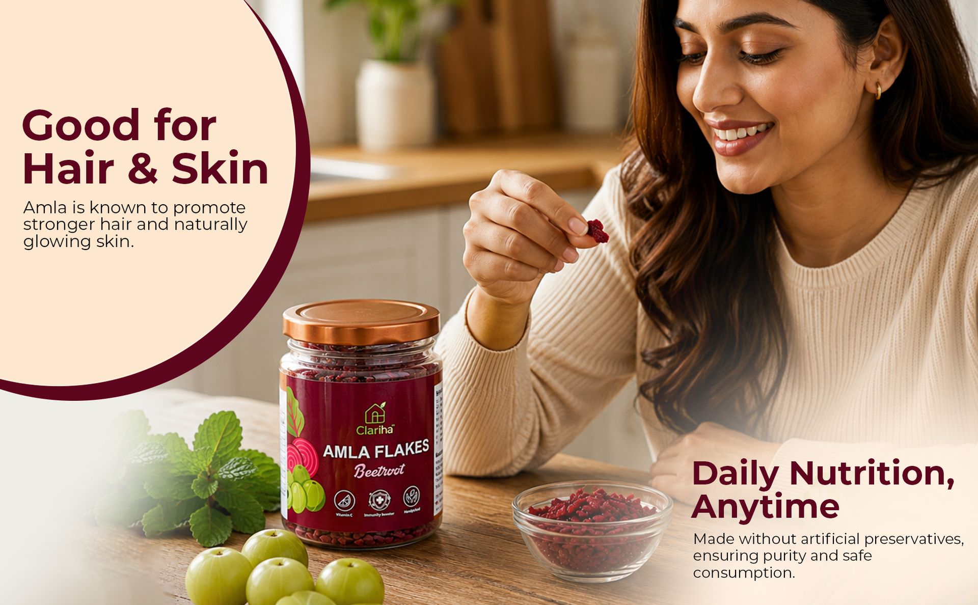 CLARIHA Beetroot Amla Flakes 100g | Beetroot Flavoured Amla Candy & Mukwas | Ready to Eat Indian Gooseberry Snack | Rich in Vitamin C & Dietary Fibre | No Preservatives | Supports Healthy Digestion