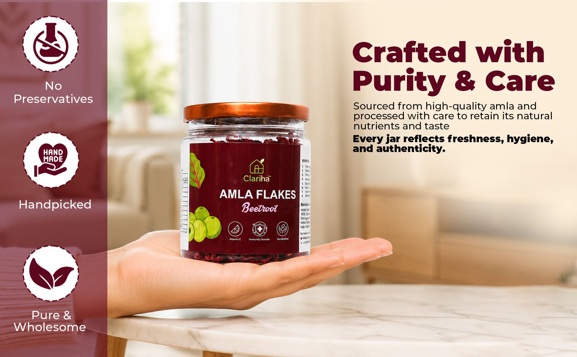 CLARIHA Beetroot Amla Flakes 100g | Beetroot Flavoured Amla Candy & Mukwas | Ready to Eat Indian Gooseberry Snack | Rich in Vitamin C & Dietary Fibre | No Preservatives | Supports Healthy Digestion