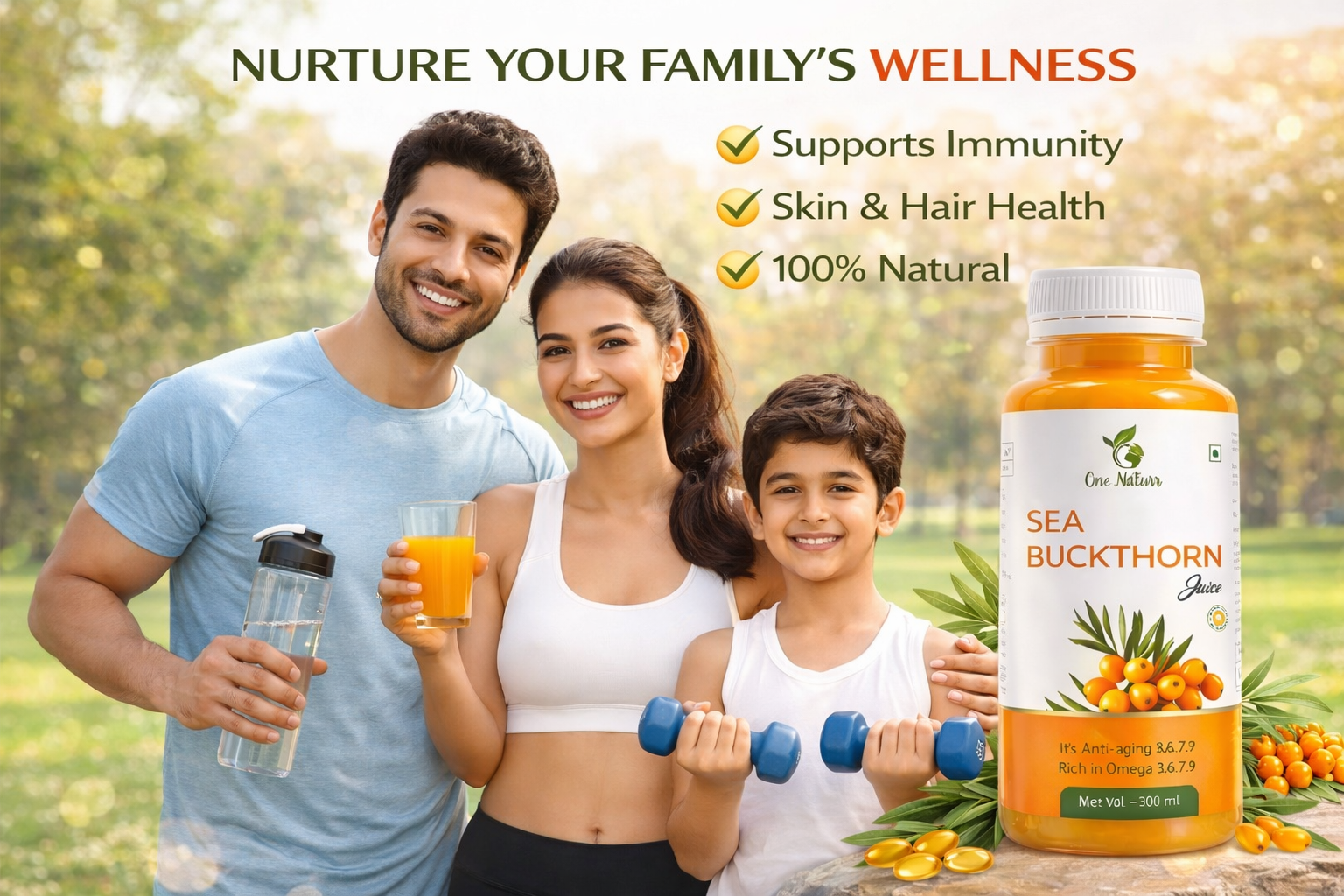 One Naturr - Sea Buckthorn Juice, Himalayan Berry Juice - 300ml, Anti-aging, Rich in Omega 3 6 7 9, Orange, Liquid Form, Gluten Free (3, 900 ml)