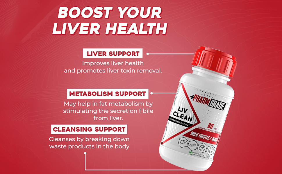 Pharmgrade LIV Clean Liver Detox With Milk Thistle 500mg | N- Acetyl Cysteine (NAC) 500mg | Pumpkin Seed Extract 100mg | L-Ornithine Aspartate 50mg | Kalmegh 50mg | Dandelion 50mg For Overall Liver Protection